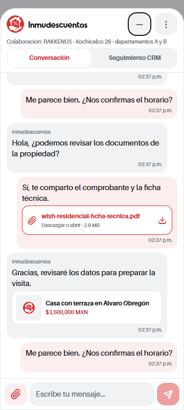 Vista de ejemplo de una conversación en la app móvil de Inmudescuentos