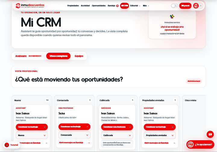 Vista de Mi CRM con oportunidades de ejemplo en tablet